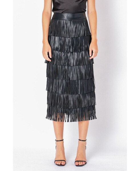 Women's PU Fringe Midi Skirt