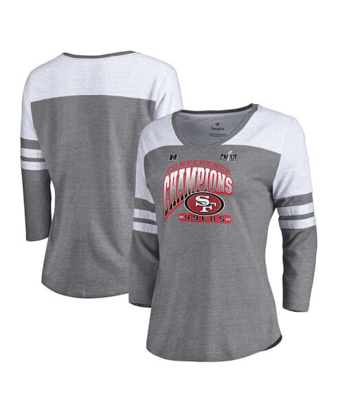 Women's Heather Gray San Francisco 49ers 2023 NFC Champions Hail Mary Tri-Blend 3/4-Sleeve V-Neck T-shirt