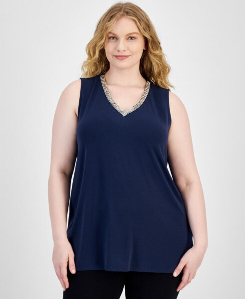 Plus Size Embellished-V-Neck Sleeveless Top, Created for Macy's