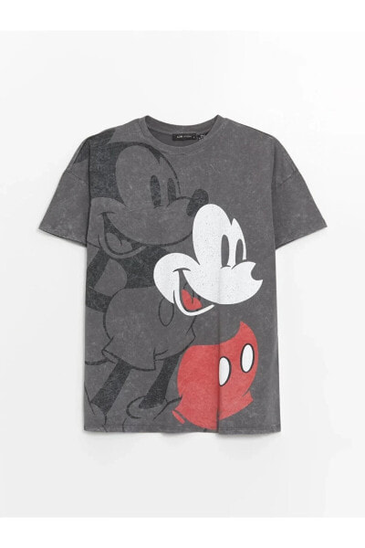 LCW Vision Bisiklet Yaka Mickey Mouse Baskılı Kısa Kollu Oversize Kadın Tişört