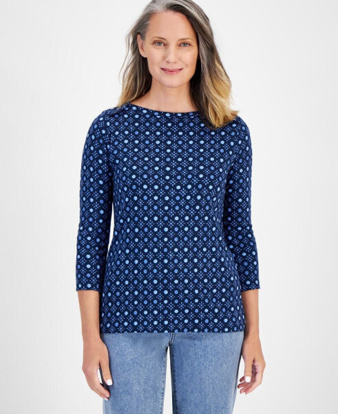 Petite Cotton Floral-Print 3/4-Sleeve Top, Created for Macy's