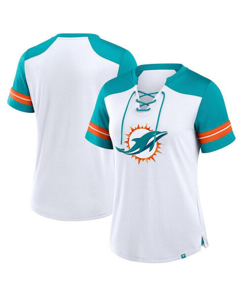 Women's White/Aqua Miami Dolphins Foiled Primary Lace-Up T-Shirt