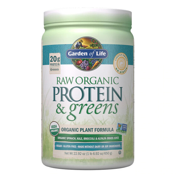 Garden of Life Raw Organic Protein & Greens Безглютеновый протеиновый комплекс из шпината, капусты, брокколи и люцерны - 20 г белка  6 овощей  1 г сахара 306 г