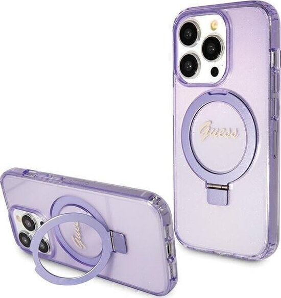 Guess Guess GUHMP15LHRSGSU iPhone 15 Pro 6.1" fioletowy/purple hardcase Ring Stand Script Glitter MagSafe