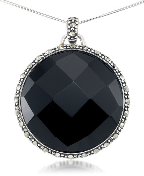 Macy's faceted Onyx (28 x 5mm) & Marcasite Medallion Pendant on 18" Chain in Sterling Silver