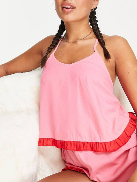 ASOS DESIGN mix & match modal pyjama cami with contrast frill in pink & red