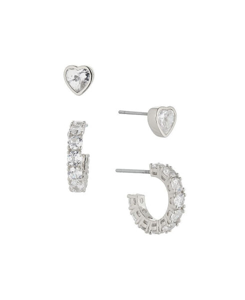 Cubic Zirconia 2-Pieces Heart Studs and Small Hoops Earring Set, Created for Macy's