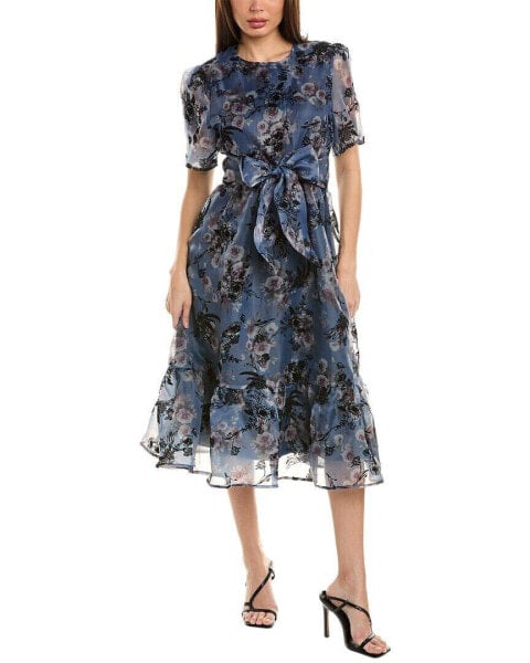 Gracia Sheer Floral Print A-Line Dress Women's Blue S