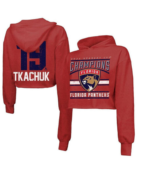 Women's Matthew Tkachuk Red Florida Panthers 2024 Stanley Cup Champions Cropped Tri-Blend Name Number Pullover Hoodie