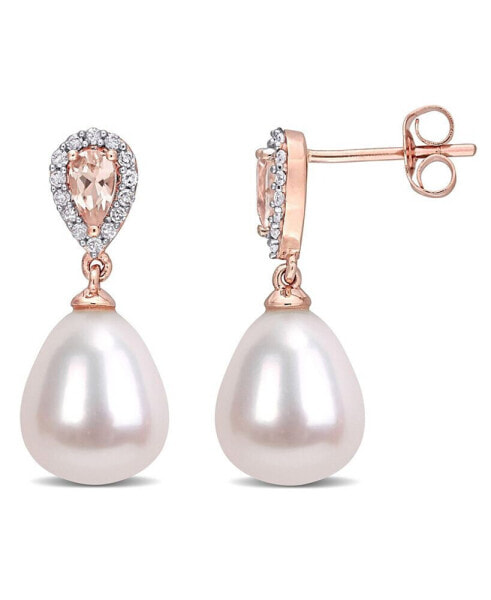 Freshwater Cultured Pearl (9-9.5mm), Morganite (1/2 ct. t.w.) and Diamond (1/7 ct. t.w.) Drop Earrings in 10k Rose Gold