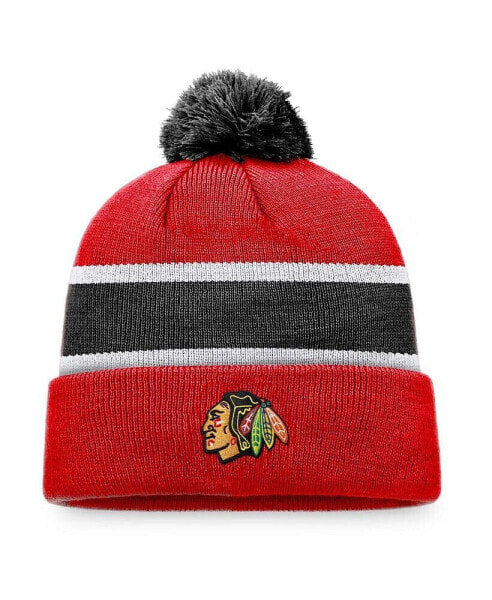 Men's Red, Black Chicago Blackhawks Breakaway Cuffed Knit Hat with Pom