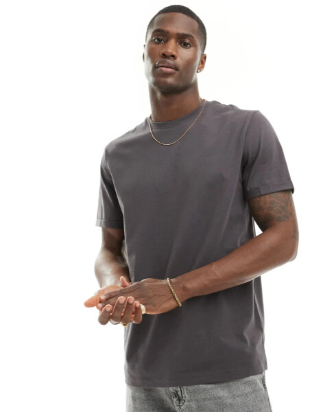 ASOS DESIGN essential crew neck t-shirt with roll sleeve in charcoal