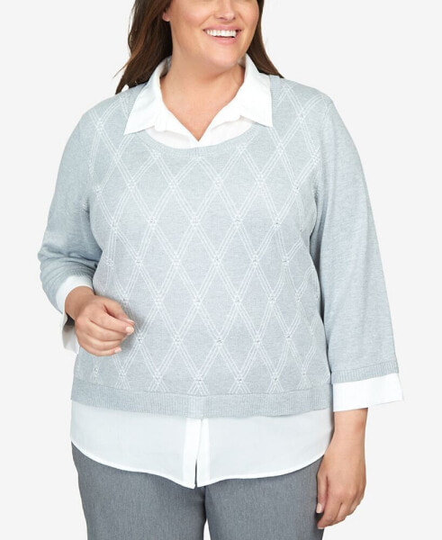 Plus Size Point of View Diamond Button Up Two in One Sweater