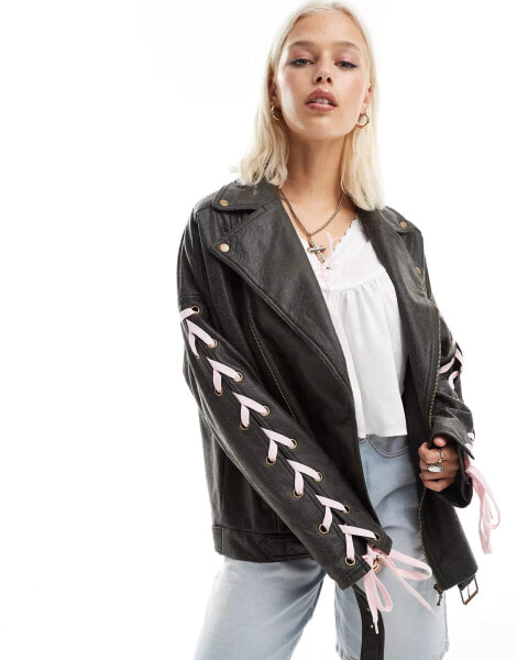 Labelrail x Daisy Birchall ribbon sleeve distressed faux leather jacket in washed black