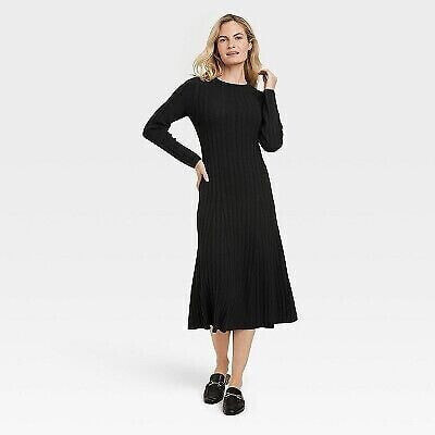 Women's Long Sleeve Midi Ribbed Sweater Dress - A New Day Black L