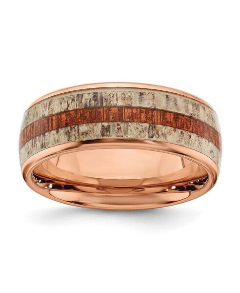 Stainless Steel Rose IP-plated Wood Antler Inlay 8mm Band Ring