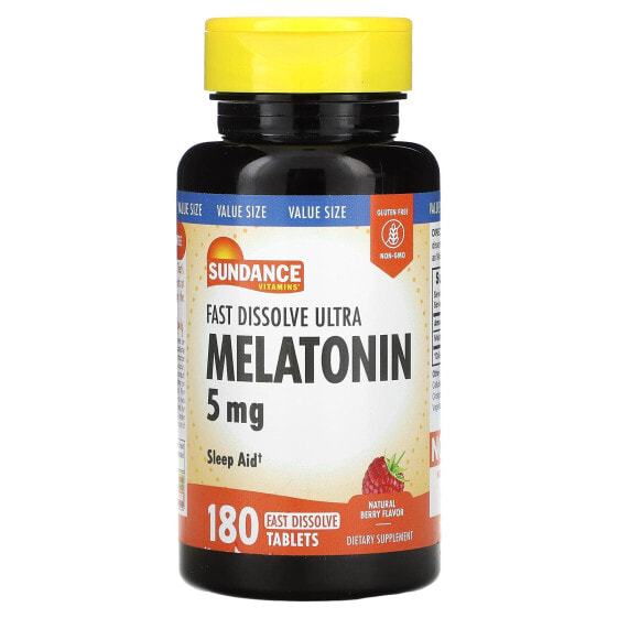 Витамины для здорового сна Sundance Vitamins Ультра Мелатонин Натуральная Ягода 5 мг, 180 таблеток для быстрого растворения