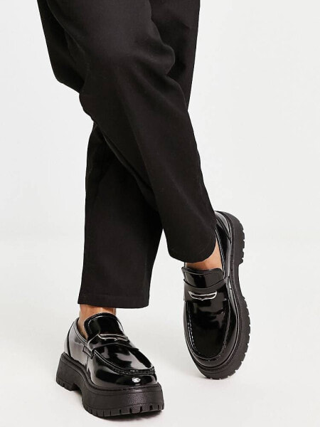 ASOS DESIGN chunky loafers in black faux leather with gold snaffle 