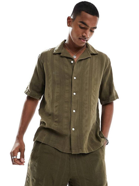 Abercrombie & Fitch dobby stripe short sleeve shirt relaxed fit in mid green co-ord