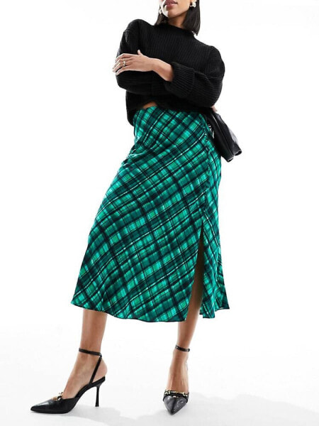 French Connection Dani check midi skirt in dark green