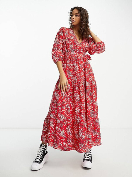 Glamorous tiered maxi wrap dress in red ditsy