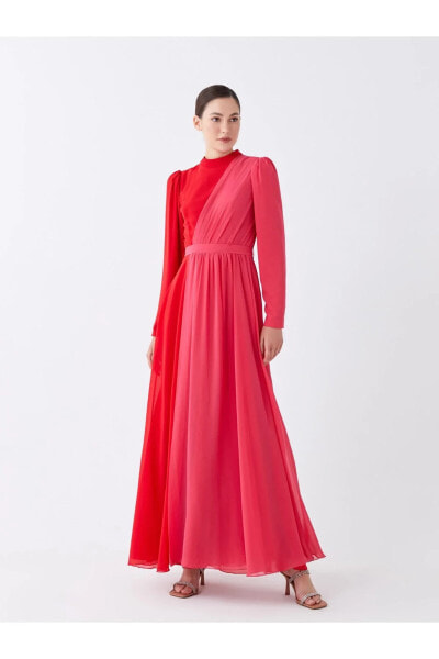Dik Yaka Renk Bloklu Uzun Kollu Kadın Elbise