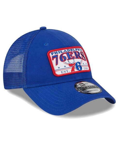 Men's Royal Philadelphia 76ers Plate Oversized Patch Trucker 9Forty Adjustable Hat