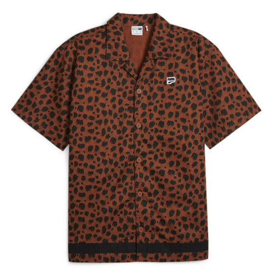 Puma Downtown Kitten Short Sleeve Button Up Shirt Mens Black, Brown Casual Tops