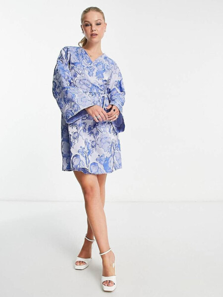 Pieces Premium kimono sleeve wrap mini dress in blue jacquard