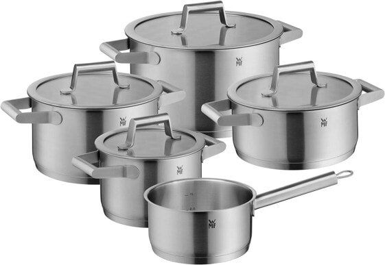 WMF Comfort Line 5-Piece Induction Saucepan Set with Glass Lid, Matt Cromargan Stainless Steel, Scale, Stackable Pots Set, Uncoated