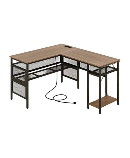 L-Shaped Computer Desk with Charging Station and Adjustable Shelf-Grey