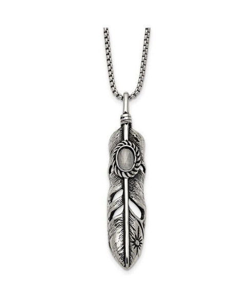 Antiqued and White Cat's Eye Feather Pendant Box Chain Necklace