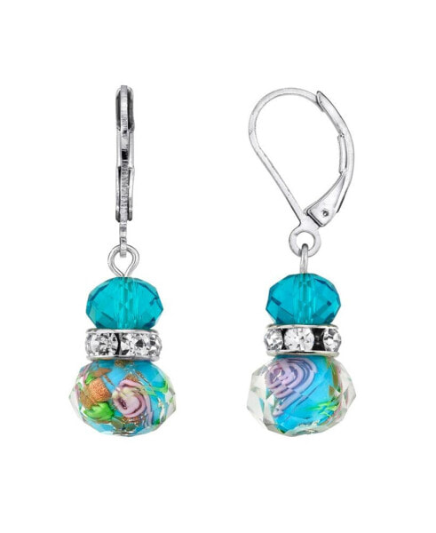 Silver Tone Aqua Blue Pink Floral Beaded Drop Wire Earring