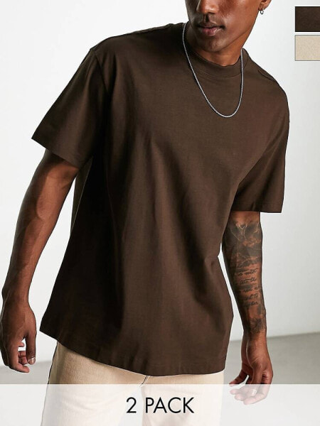 Weekday oversized 2-pack t-shirt in beige and brown