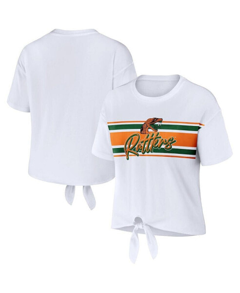 Women's White Florida A&M Rattlers Striped Front Knot Cropped T-shirt