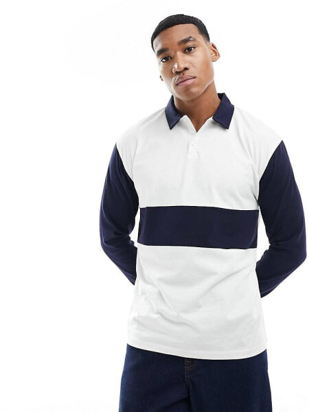 ASOS DESIGN oversized long sleeve polo with white and blue cut & sew