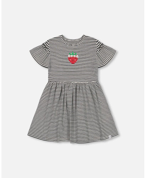 Girl Organic Cotton Dress With Flounce Sleeves Stripe Black And White - Toddler|Child