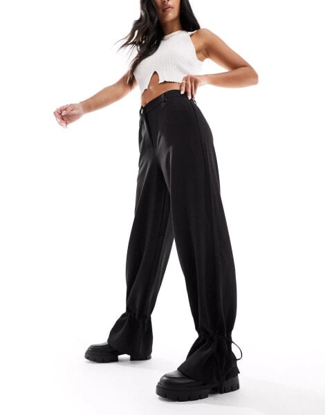 Pieces tie detail wide leg trousers in black