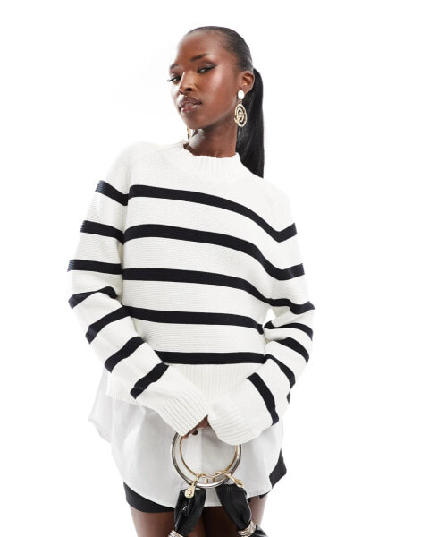 French Connection 2 in 1 funnel neck jumper with shirt underlay in white and black stripe