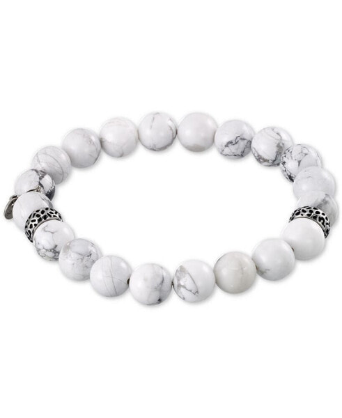 White Agate (10mm) Beaded Stretch Bracelet in Stainless Steel