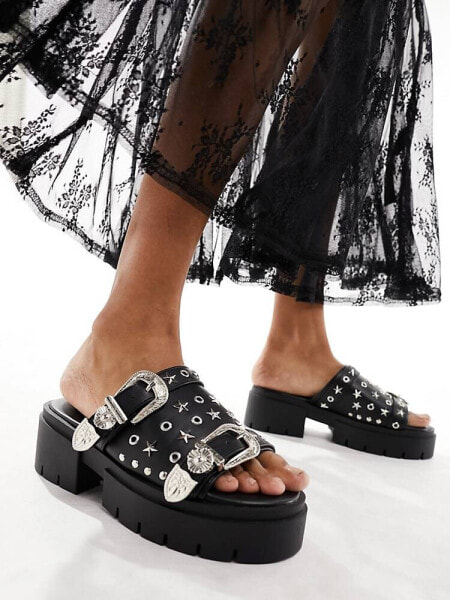 Public Desire Maverick chunky heeled sandal with western hardware in black