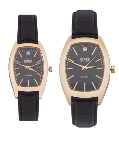 Наручные часы Jones New York для мужчин и женщин черного цвета с кожаным ремешком из полиуретана 35мм, 27мм в подарочном наборе