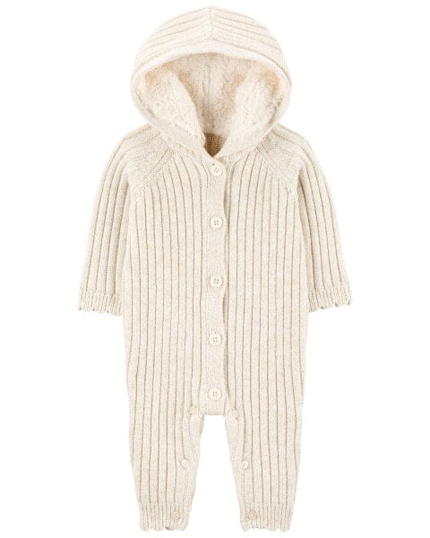 Baby Ribbed Sweater Knit Button-Front Jumpsuit - Cream 6M