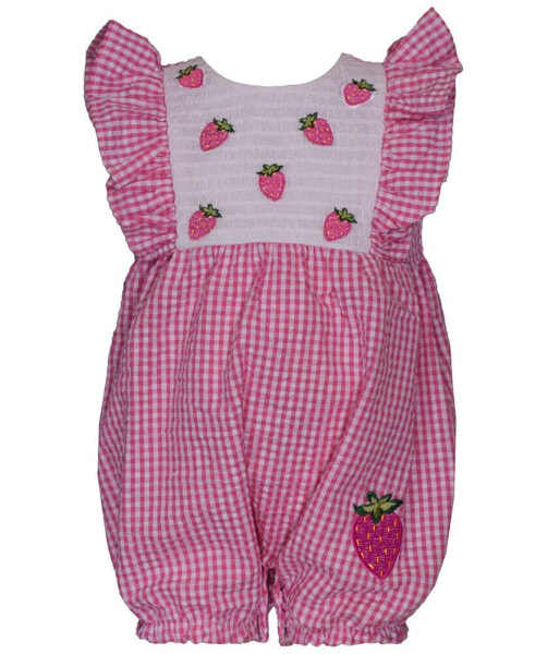 Baby Girls Sleeveless Seersucker Check Bubble with Strawberry Applique