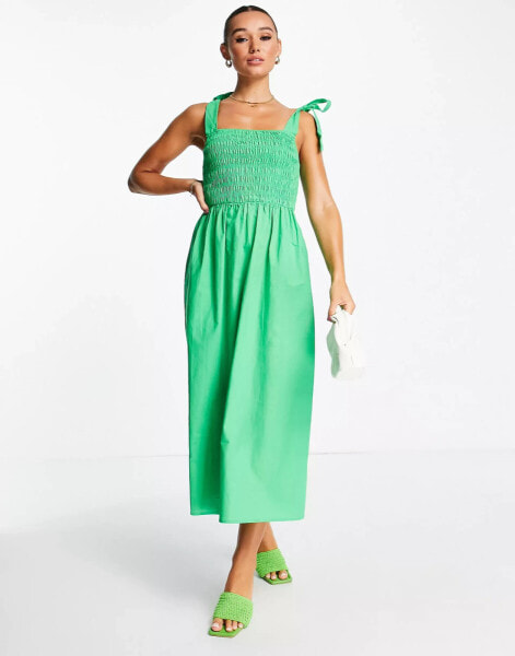 Never Fully Dressed tie shoulder shirred dress in vibrant green