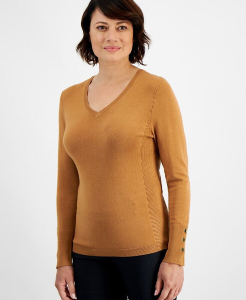 Women's Button-Cuff V-Neck Sweater, Created for Macy's