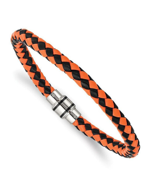 Stainless Steel Black IP-plated Black Orange Leather Bracelet