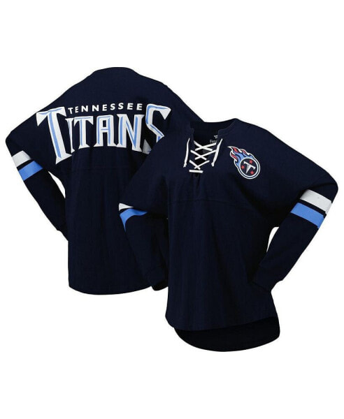 Women's Navy Tennessee Titans Spirit Jersey Lace-Up V-Neck Long Sleeve T-shirt
