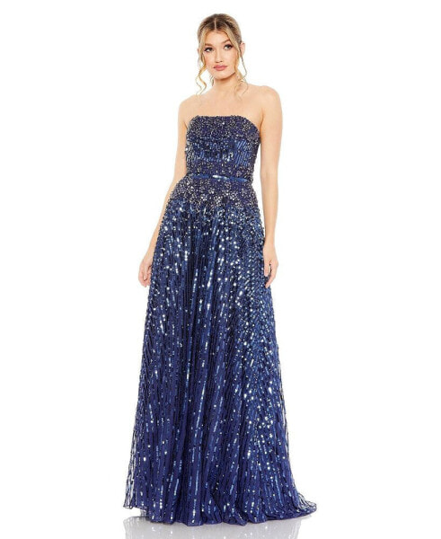 Women's Strapless Hand Embellished Beaded A Line Gown