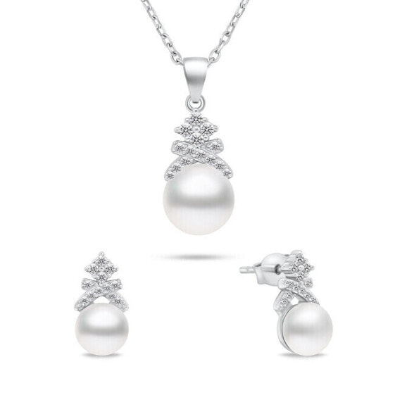 Charming Silver Pearl Jewelry Set SET238W (Earrings, Necklace)